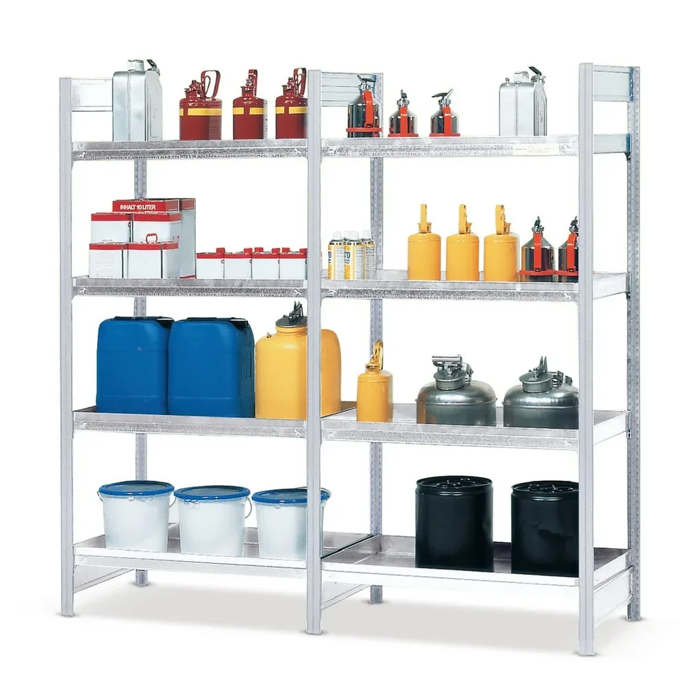 asecos® Gefahrstoffregal, für gewässergefährdende Flüssigkeiten, 4 Stahlwannen à 40 l, Grundfeld