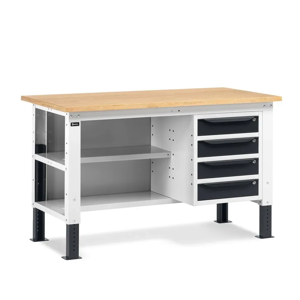 Fami Werkbank, höhenverstellbar, 4 Schubladen, Rückwand u. 2 Fachböden, TK 1.000 kg, HxBxT 740-1.110 x 1.500 x 750 mm, RAL 7035 lichtgrau / RAL 7016 anthrazitgrau