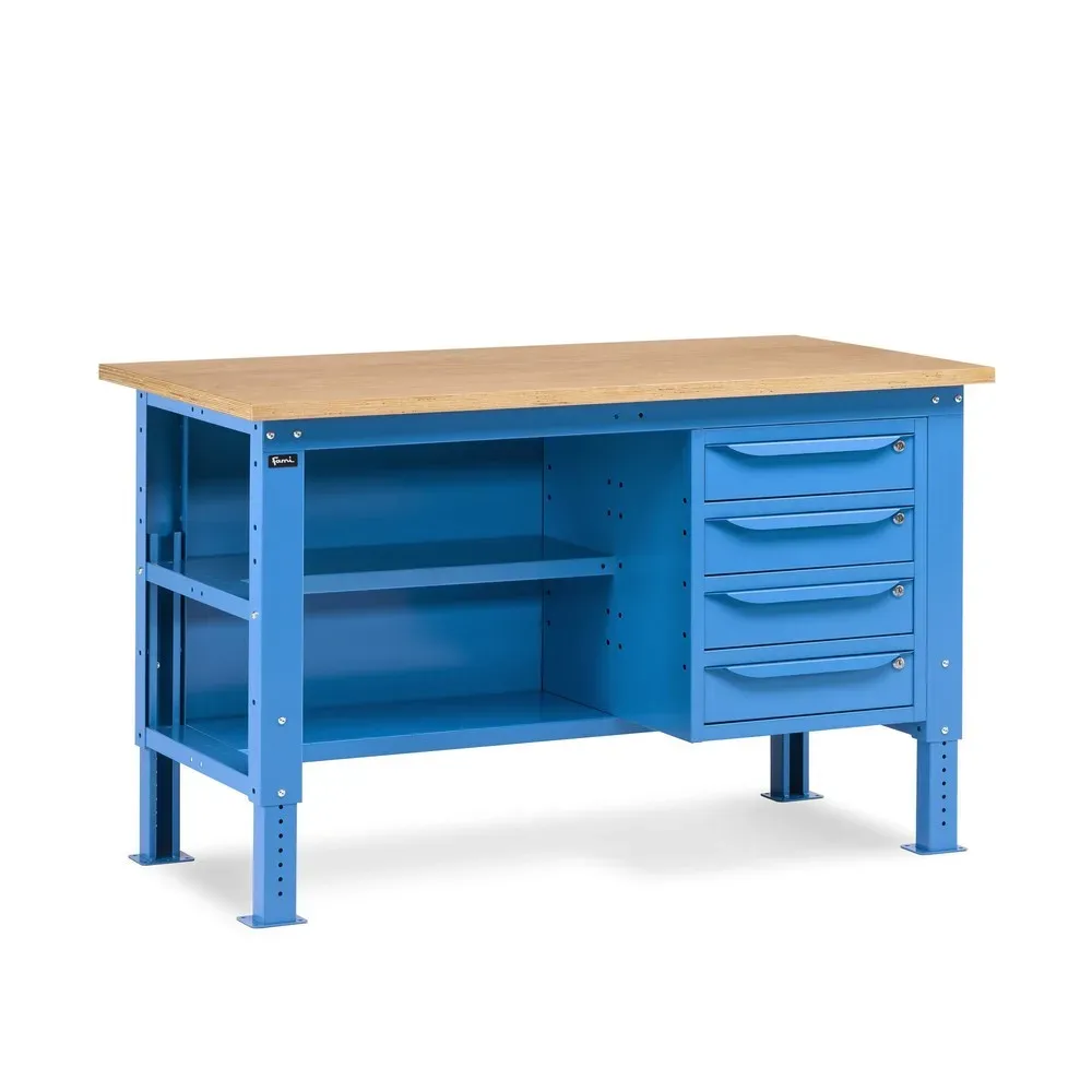 Fami Werkbank, höhenverstellbar, 4 Schubladen, Rückwand u. 2 Fachböden, TK 1.000 kg, HxBxT 740-1.110 x 1.500 x 750 mm, RAL 5012 lichtblau