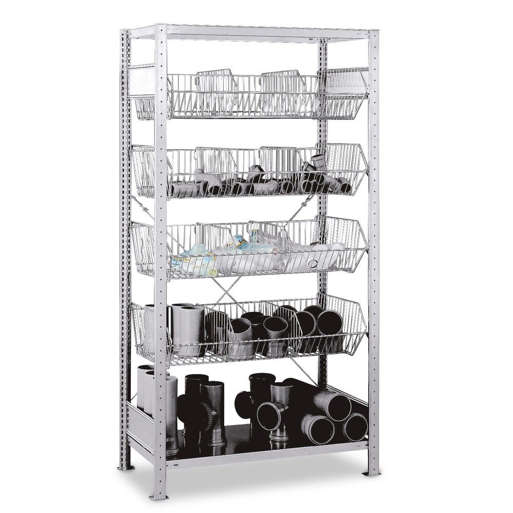 Drahtgitterkorb-Steckregal, verzinkt, BxT 1000 x 500 mm, mit 4 Körben, Grundregal, Höhe 2000 mm SCHULTE