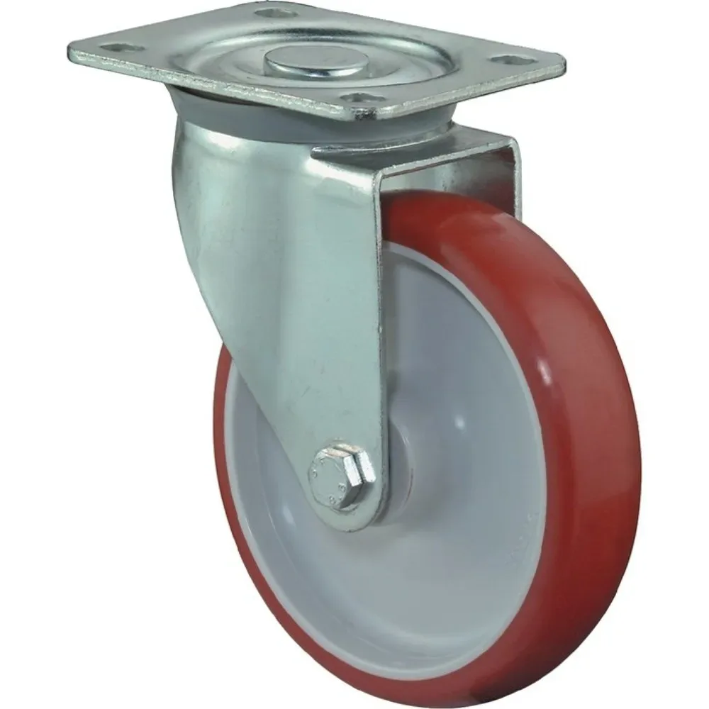 BS ROLLEN Lenkrolle, Polyurethan, Rad-Ø 150 mm Tragfähigkeit 240 kg, Platte L135xB110 mm Farbe Rolle rot