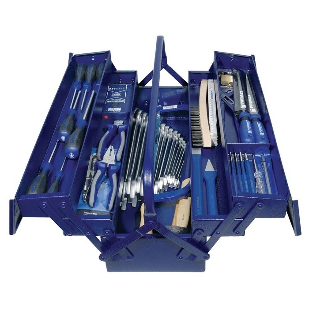 Werkzeugkasten, inkl. Werkzeugsortiment, 60-tlg., B 530 x T 200 x H 200 mm, Stahlblech, blau