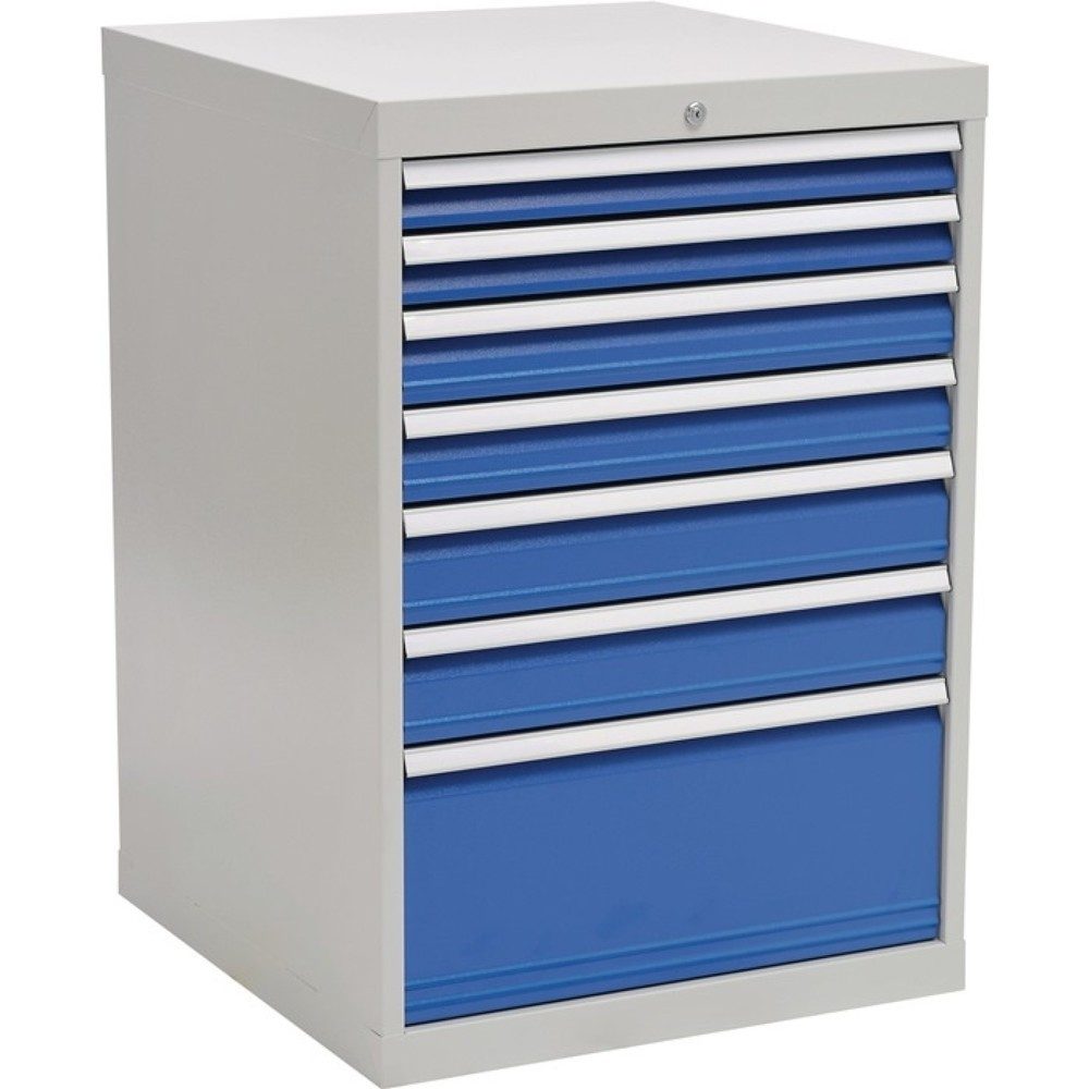 Schubladenschrank, lichtgrau/signalblau 7 Schubl., H1019xB705xT736mm, 2x75,2x100,2x125,1x300mm Vollauszug