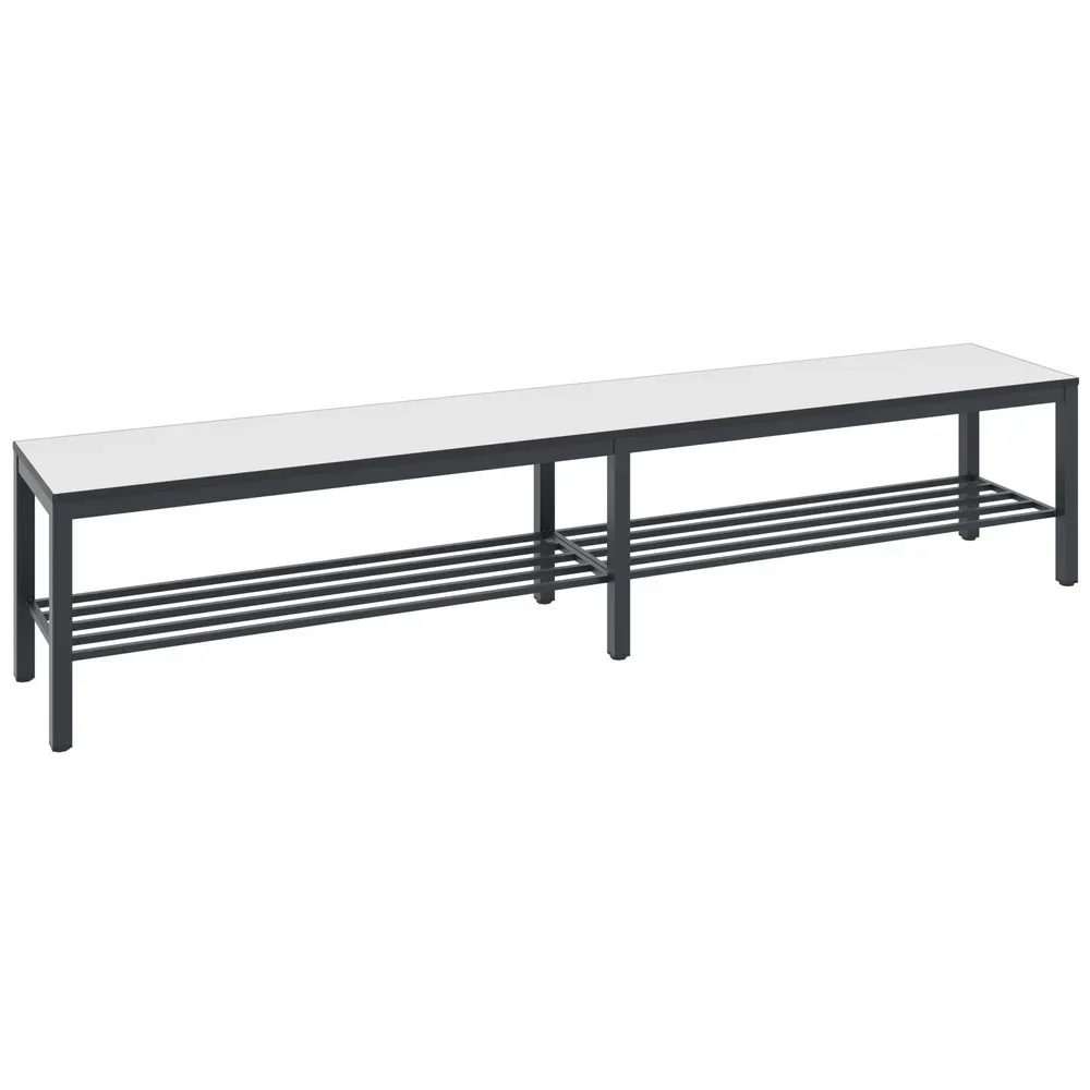 Umkleidebank Basic Plus, für Feuchträume, ohne Rückenlehne, 6-Fussgestell schwarzgrau RAL 7021, mit Schuhrost, B 1960 mm, Dekor weiss