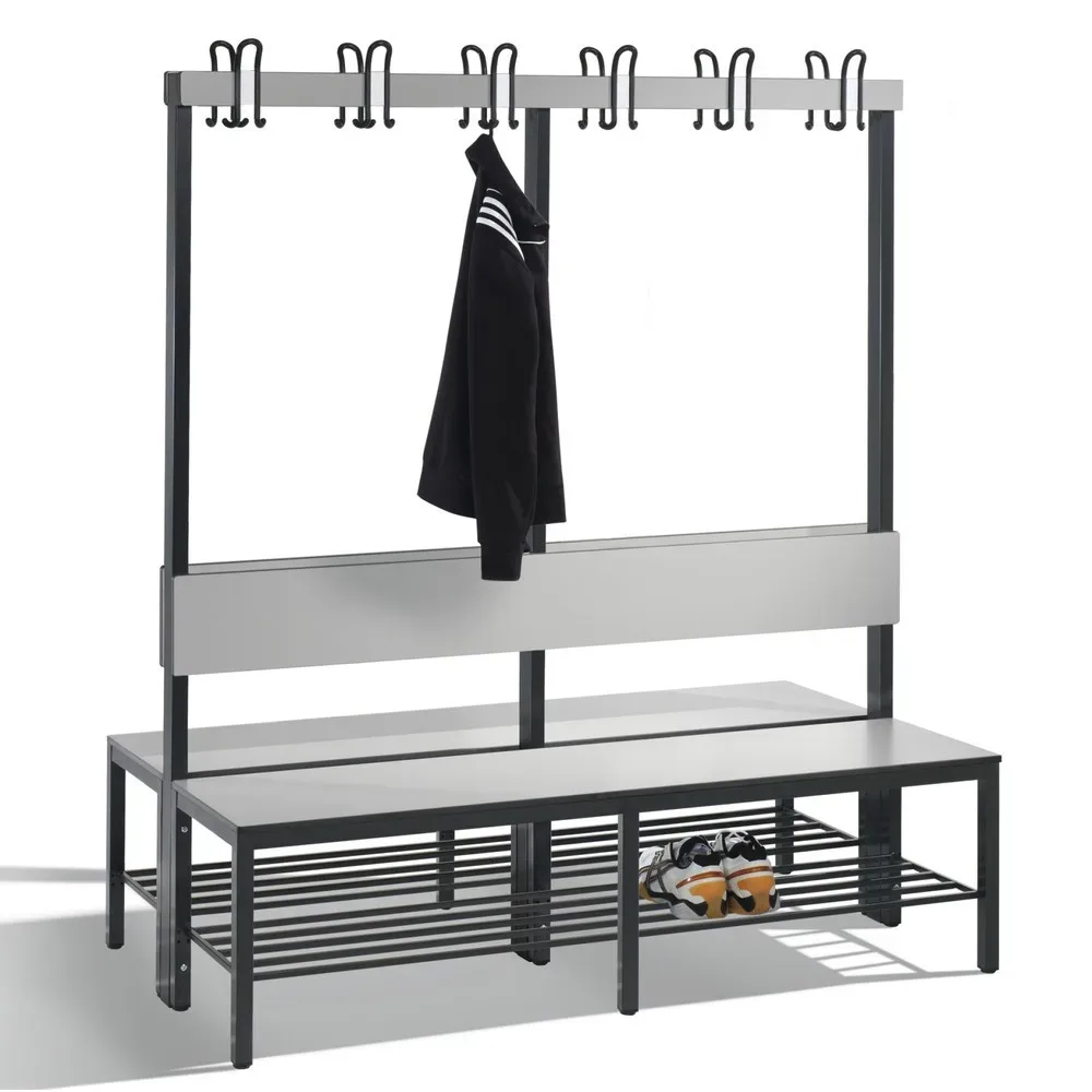 Garderobenbank Basic Plus, 2-seitig, Rückenlehne, mit Schuhrost, Fussgestell schwarzgrau RAL 7021, B 1500 mm, Dekor silbergrau