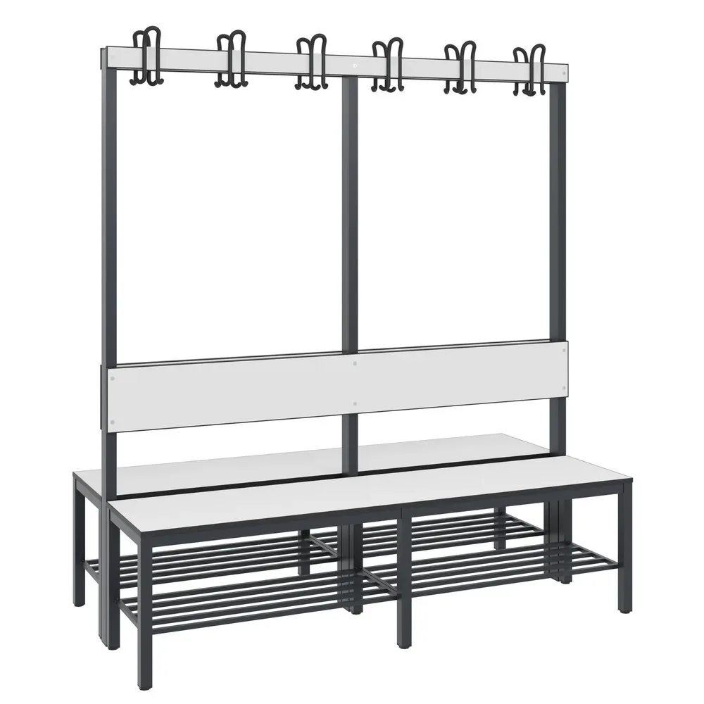 C+P Umkleidesitzbank Basic Plus, Länge 1.500 mm, doppelseitig, mit Rückenlehne, 2x6 Doppelhaken, inkl. Schuhrost, schwarzgrau/weiss