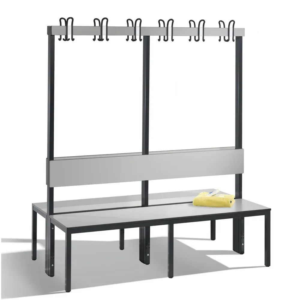C+P Umkleidesitzbank Basic Plus, Länge 1.500 mm, doppelseitig, mit Rückenlehne, 2x6 Doppelhaken, schwarzgrau/silbergrau