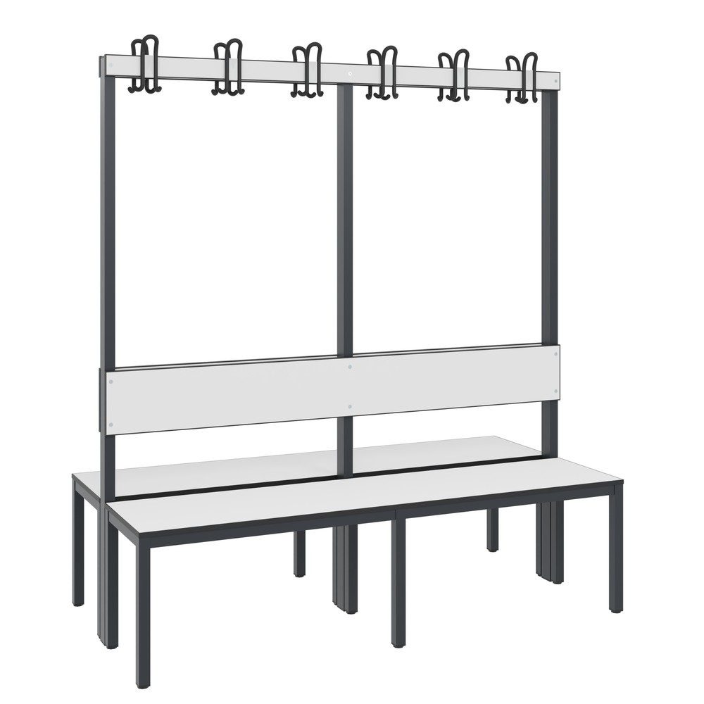 C+P Umkleidesitzbank Basic Plus, Länge 1.500 mm, doppelseitig, mit Rückenlehne, 2x6 Doppelhaken, schwarzgrau/weiss
