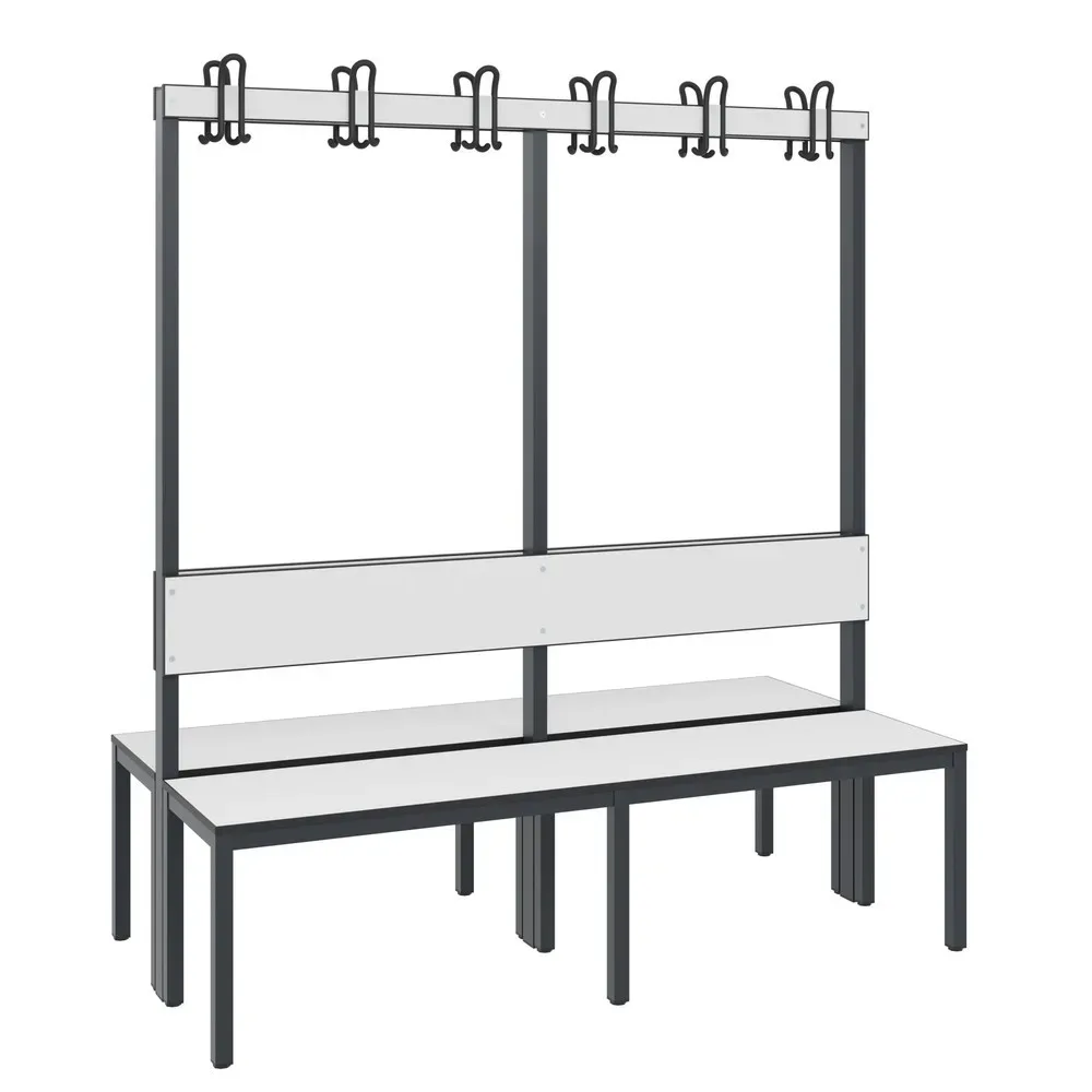 C+P Umkleidesitzbank Basic Plus, Länge 1.500 mm, doppelseitig, mit Rückenlehne, 2x6 Doppelhaken, schwarzgrau/weiss