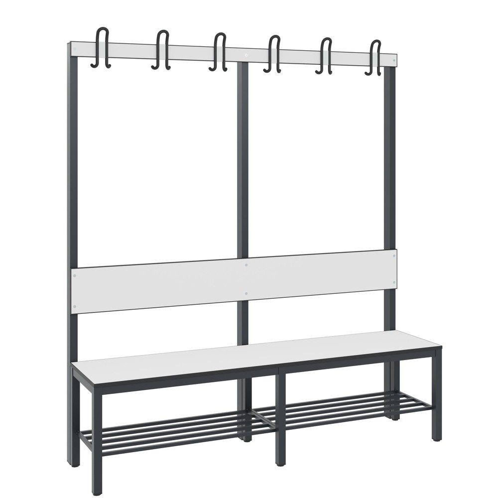 C+P Umkleidesitzbank Basic Plus, Länge 1.500 mm, einseitig, mit Rückenlehne, 6 Doppelhaken, inkl. Schuhrost, schwarzgrau/weiss