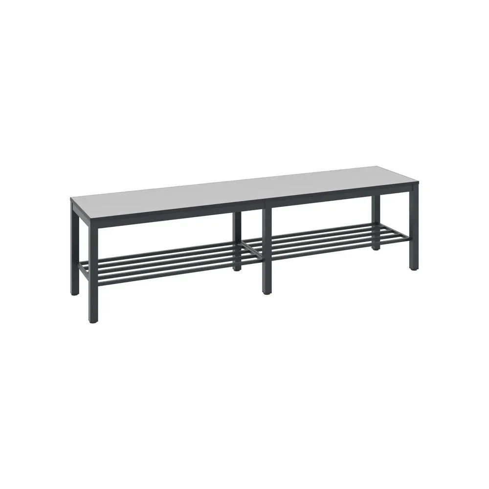 Umkleidebank Basic Plus, für Feuchträume, ohne Rückenlehne, 6-Fussgestell schwarzgrau RAL 7021, mit Schuhrost, B 1500 mm, Dekor silbergrau