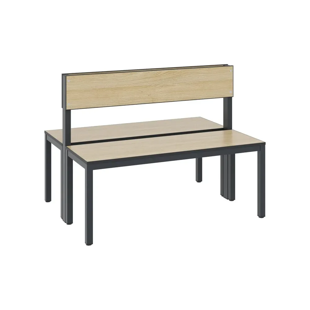 Sitzbank Basic Plus, 2-seitig, Rückenlehne, ohne Schuhrost, 4-Fussgestell schwarzgrau RAL 7021, B 1000 mm, Dekor Eiche Ser.