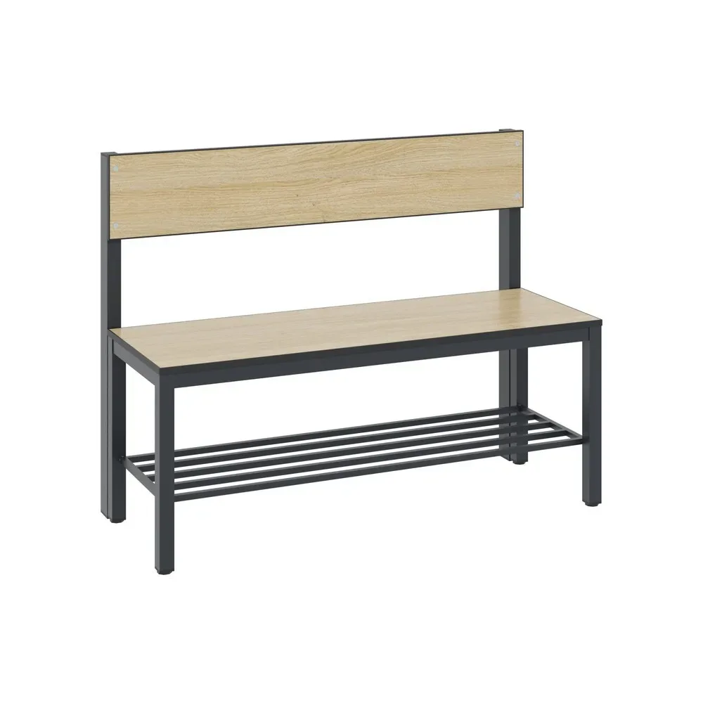 Sitzbank Basic Plus, 1-seitig, Rückenlehne, mit Schuhrost, 4-Fussgestell schwarzgrau RAL 7021, B 1000 mm, Dekor Eiche Ser.