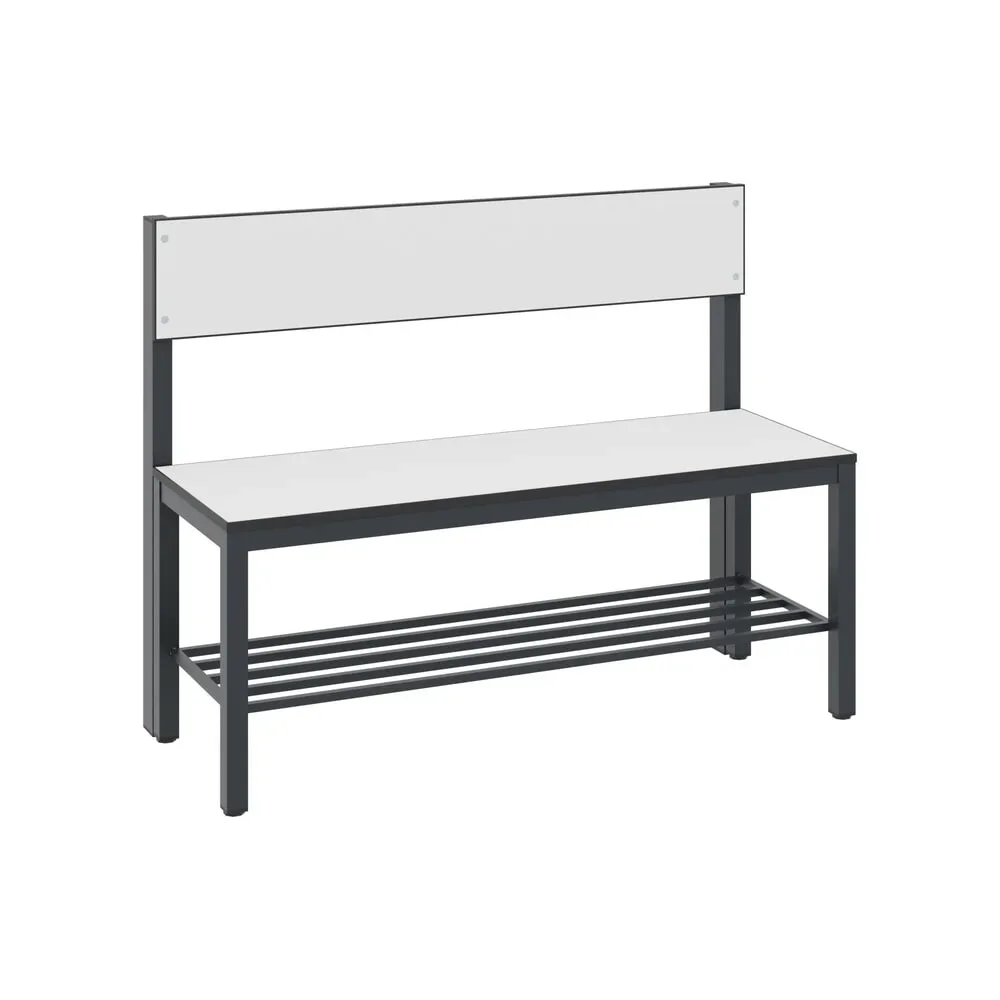 Sitzbank Basic Plus, 1-seitig, Rückenlehne, mit Schuhrost, 4-Fussgestell schwarzgrau RAL 7021, B 1000 mm, Dekor weiss