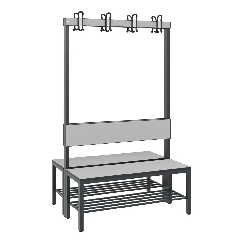 Garderobenbank Basic Plus, 2-seitig, Rückenlehne, mit Schuhrost, Fussgestell schwarzgrau RAL 7021, B 1000 mm, Dekor weiss