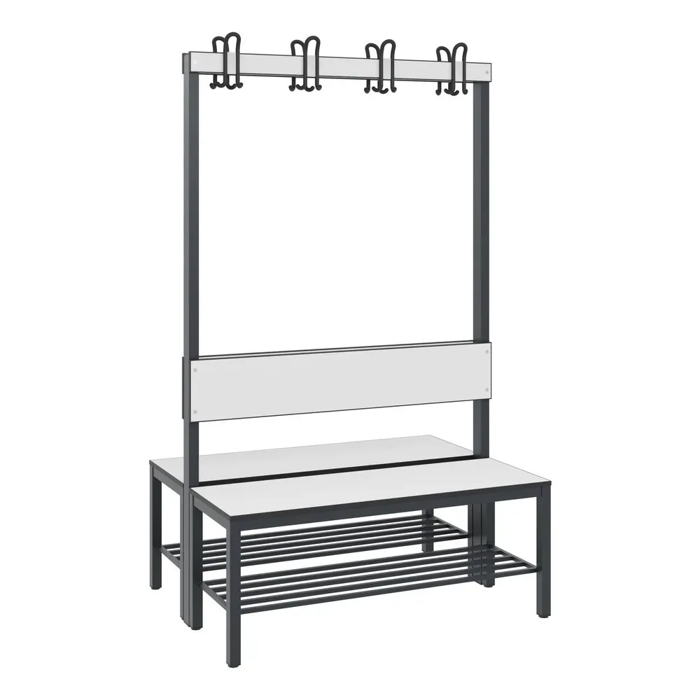 C+P Umkleidesitzbank Basic Plus, Länge 1.000 mm, doppelseitig, mit Rückenlehne, 2x4 Doppelhaken, inkl. Schuhrost, schwarzgrau/weiss
