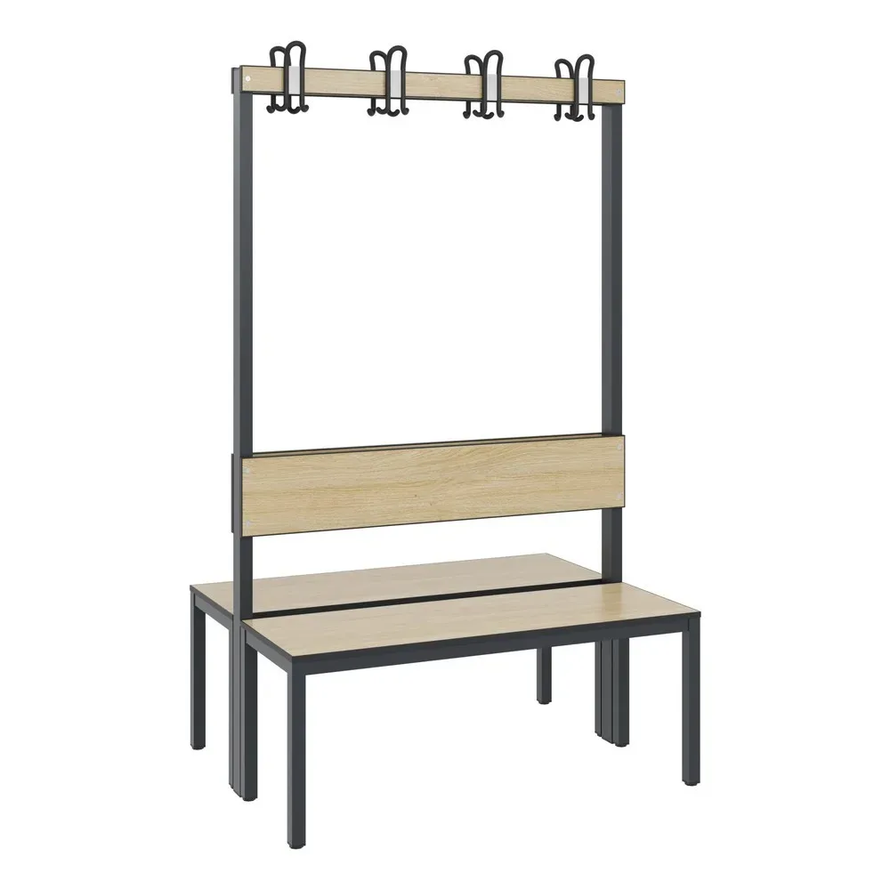 Garderobenbank Basic Plus, 2-seitig, Rückenlehne, ohne Schuhrost, Fussgestell schwarzgrau RAL 7021, B 1000 mm, Dekor Eiche Ser.