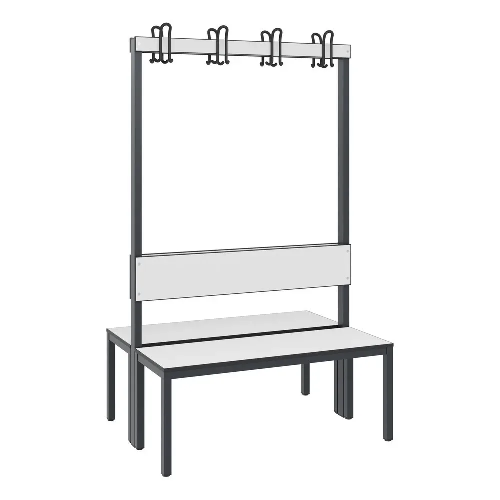 C+P Umkleidesitzbank Basic Plus, Länge 1.000 mm, doppelseitig, mit Rückenlehne, 2x4 Doppelhaken, schwarzgrau/weiss