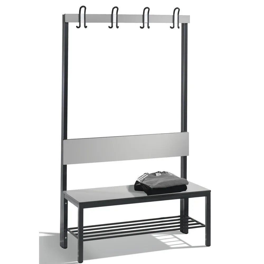 Garderobenbank Basic Plus, 1-seitig, Rückenlehne, mit Schuhrost, Fussgestell schwarzgrau RAL 7021, B 1000 mm, Dekor silbergrau