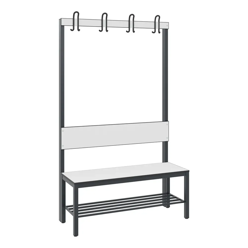 C+P Umkleidesitzbank Basic Plus, Länge 1.000 mm, einseitig, mit Rückenlehne, 4 Doppelhaken, inkl. Schuhrost, schwarzgrau/weiss