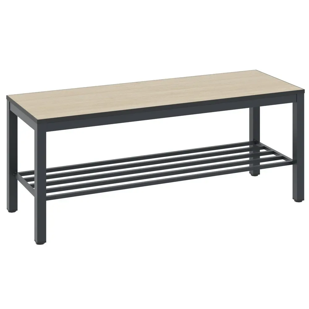 Umkleidebank Basic Plus, für Feuchträume, ohne Rückenlehne, 4-Fussgestell schwarzgrau RAL 7021, mit Schuhrost, B 1000 mm, Dekor Eiche Serrano