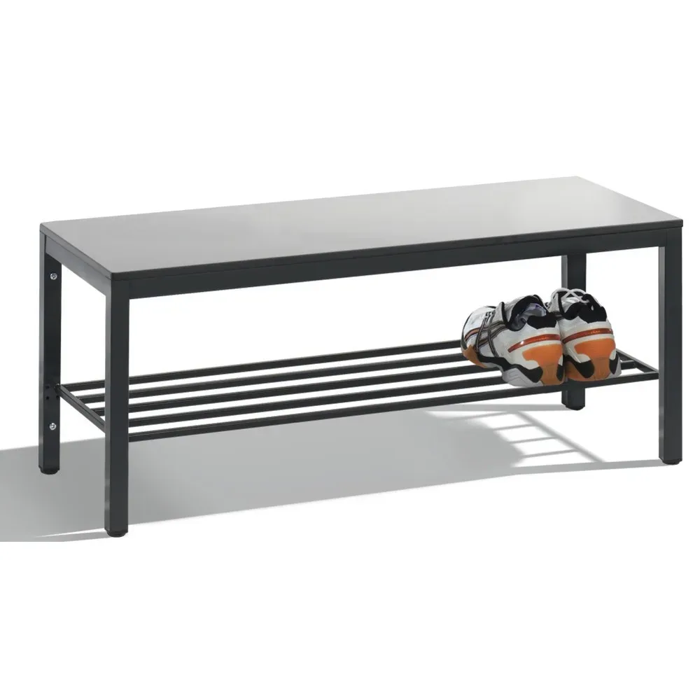 Umkleidebank Basic Plus, für Feuchträume, ohne Rückenlehne, 4-Fussgestell schwarzgrau RAL 7021, mit Schuhrost, B 1000 mm, Dekor silbergrau