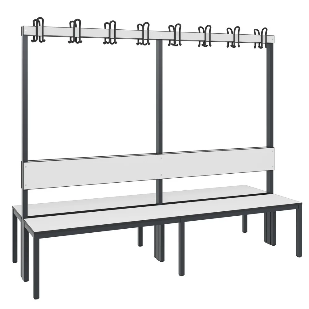 C+P Umkleidesitzbank Basic Plus, Länge 1.960 mm, doppelseitig, mit Rückenlehne, 2x8 Doppelhaken, schwarzgrau/weiss