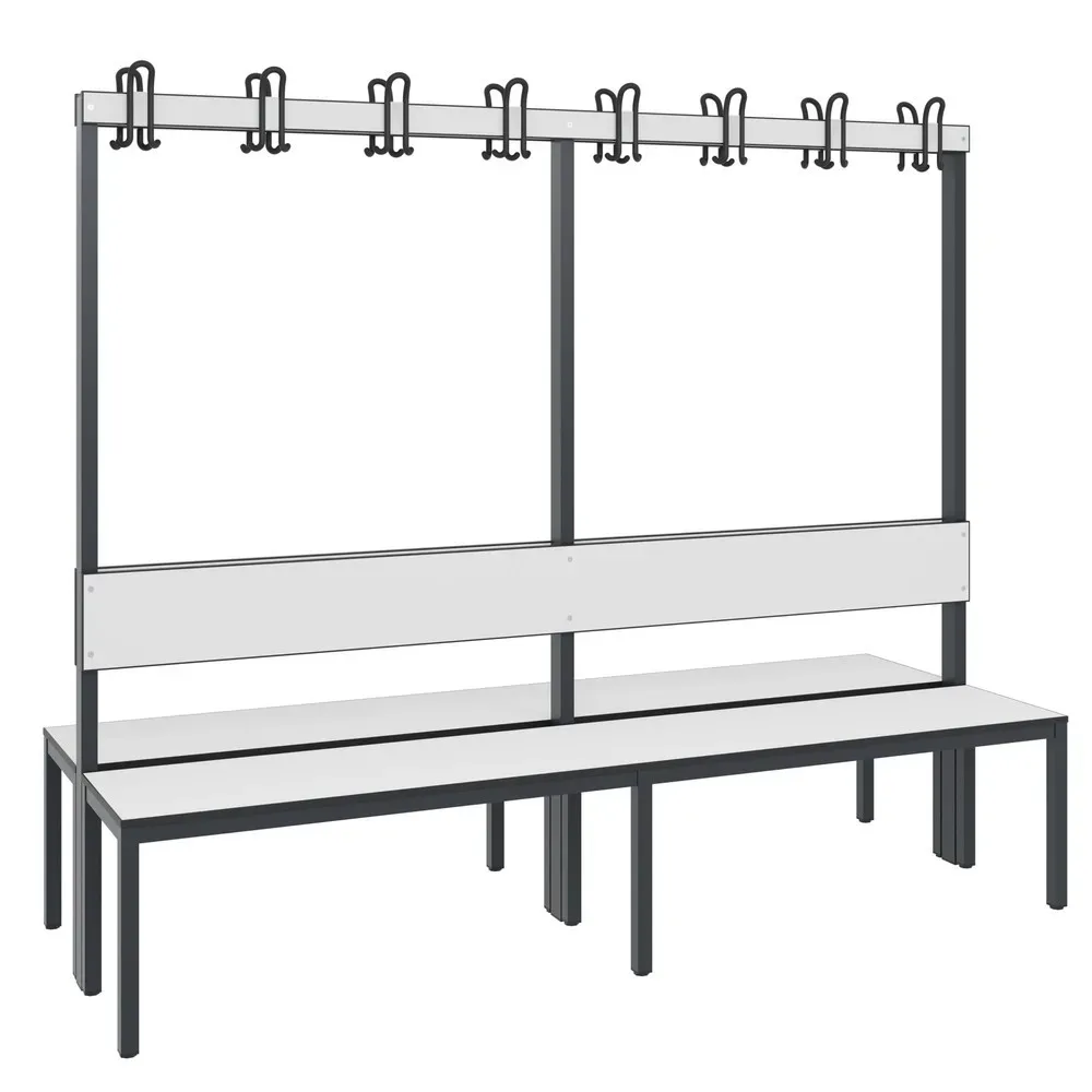 C+P Umkleidesitzbank Basic Plus, Länge 1.960 mm, doppelseitig, mit Rückenlehne, 2x8 Doppelhaken, schwarzgrau/weiss
