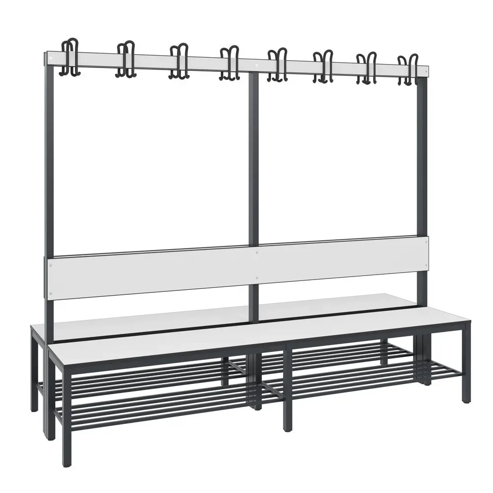 Garderobenbank Basic Plus, 2-seitig, Rückenlehne, mit Schuhrost, Fussgestell schwarzgrau RAL 7021, B 1960 mm, Dekor weiss