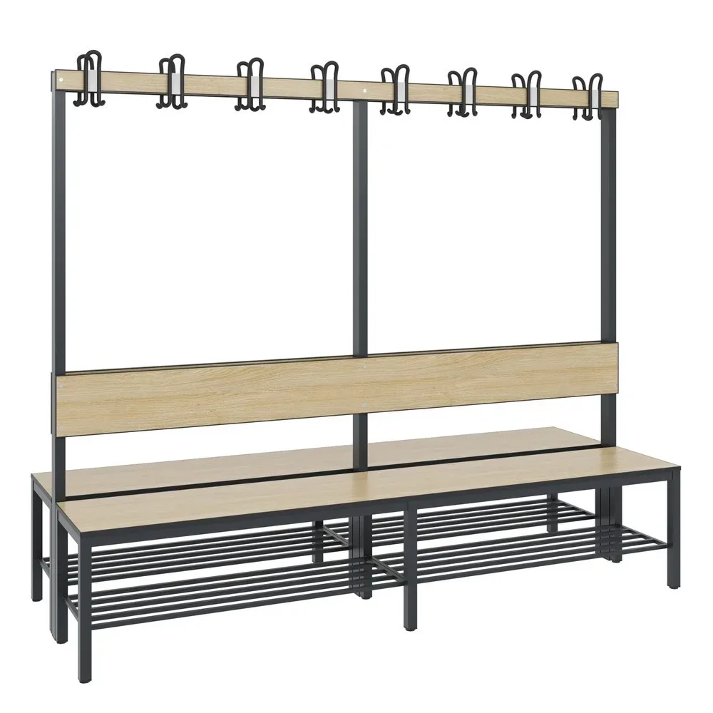 C+P Umkleidesitzbank Basic Plus, Länge 1.960 mm, doppelseitig, mit Rückenlehne, 2x8 Doppelhaken, inkl. Schuhrost, schwarzgrau/Eiche Sereno