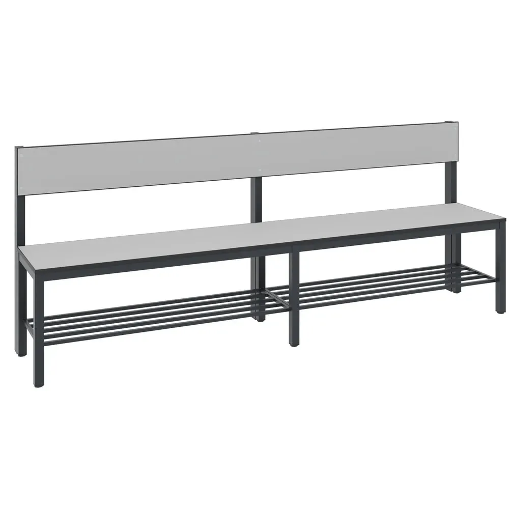 Sitzbank Basic Plus, 1-seitig, Rückenlehne, mit Schuhrost, 4-Fussgestell schwarzgrau RAL 7021, B 1960 mm, Dekor silbergrau