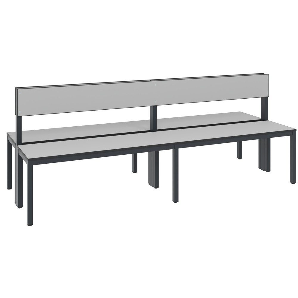 Sitzbank Basic Plus, 2-seitig, Rückenlehne, ohne Schuhrost, 4-Fussgestell schwarzgrau RAL 7021, B 1960 mm, Dekor silbergrau