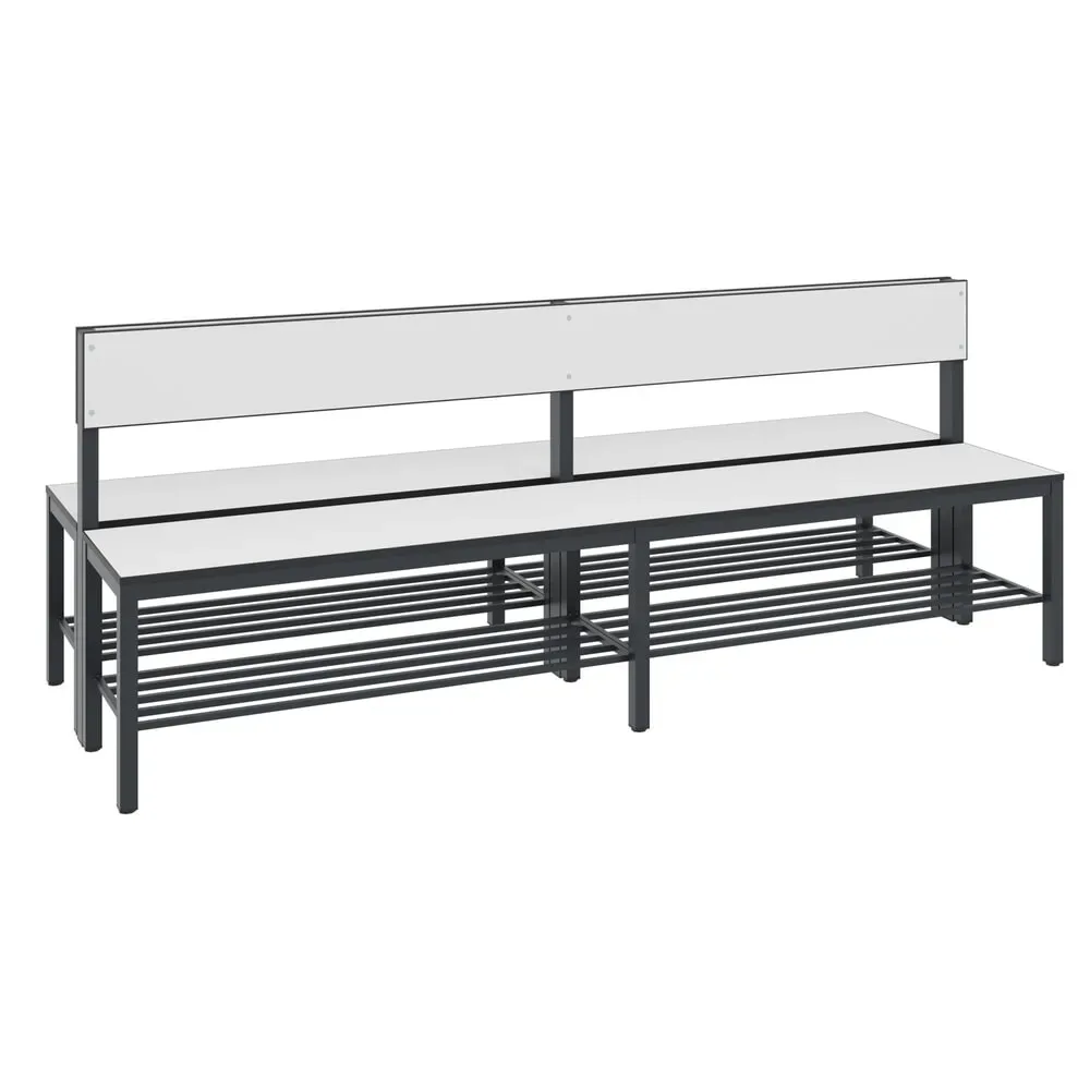 Sitzbank Basic Plus, 2-seitig, mit Rückenlehne & Schuhrost, 4-Fussgestell schwarzgrau RAL 7021, B 1960 mm, Dekor weiss