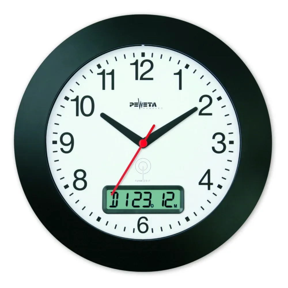 PEWETA Funk-Wanduhr DCF77 Typ 170, Datumsanzeige, Ø 300 mm, schwarz
