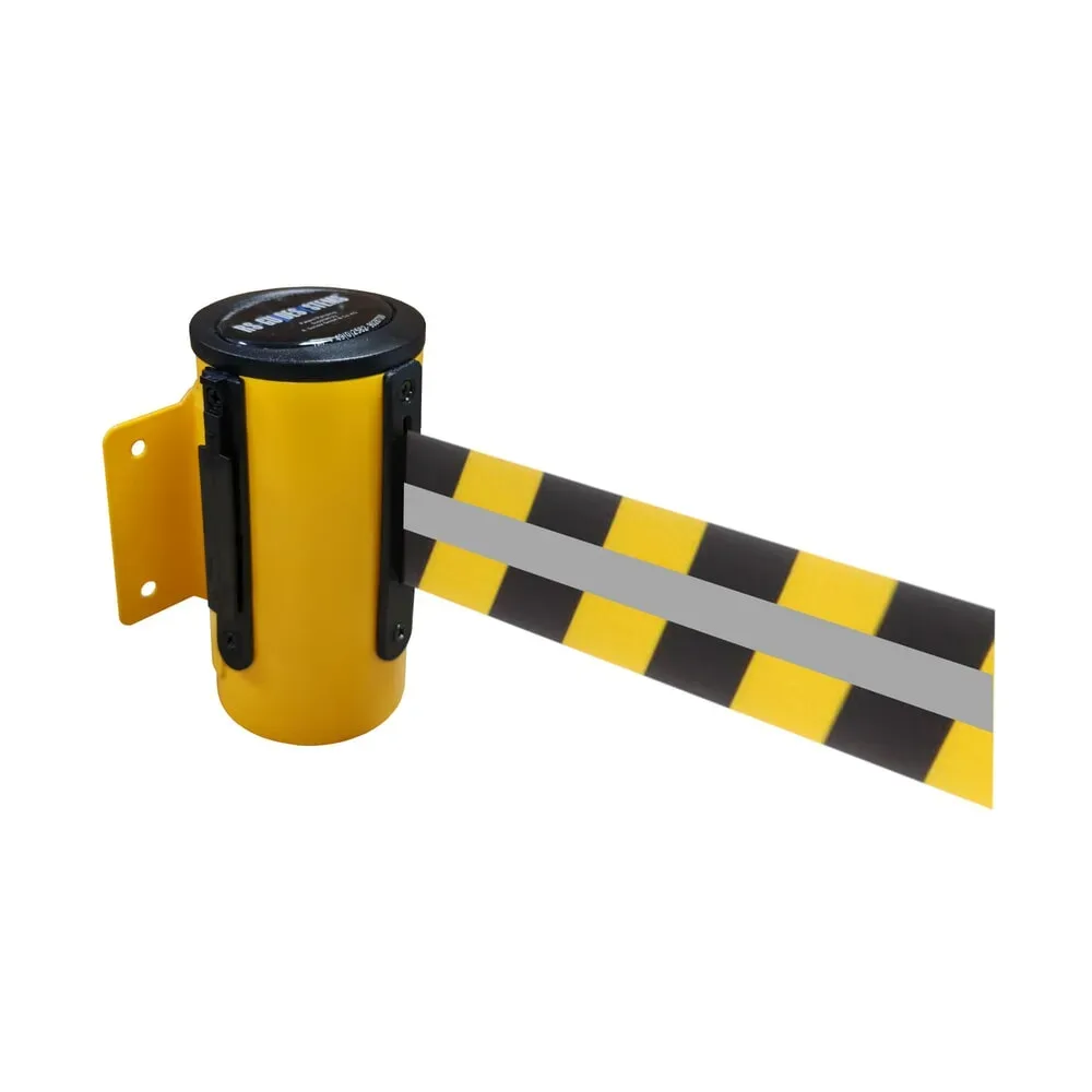 RS-GUIDESYSTEMS® Gurtkassette GLW 25-E REFLECTO, Wandmontage, Länge 4 m, Breite 50 mm, Gehäuse gelb, Gurt schwarz/gelb