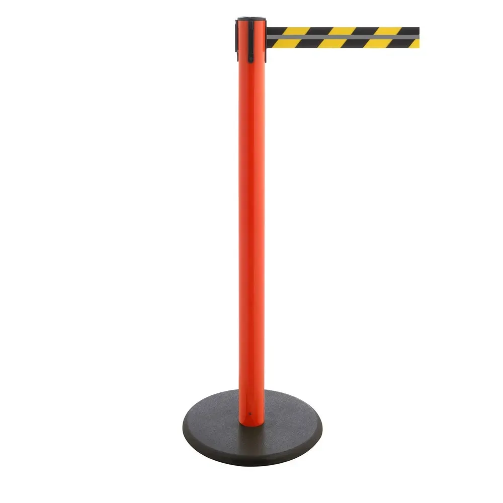 RS-GUIDESYSTEMS® Gurt-Absperrpfosten GLA 28-D REFLECTO, Länge 3,5 m, Breite 50 mm, Pfosten rot, Gurt schwarz/gelb