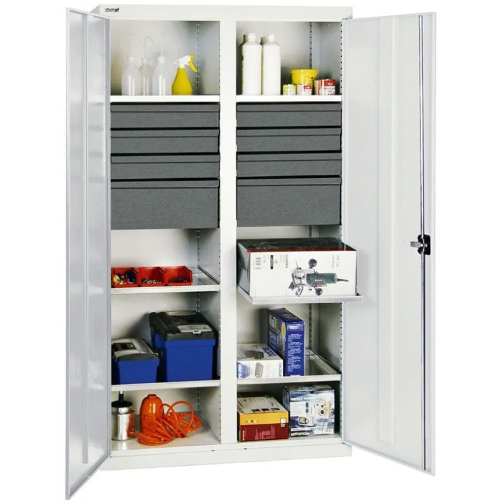 stumpf® Werkstatt-Flügeltürschrank mit 8 Schubladen + 6 Wannen + Trennwand, HxBxT 1.800 x 1.000 x 500 mm, lichtgrau
