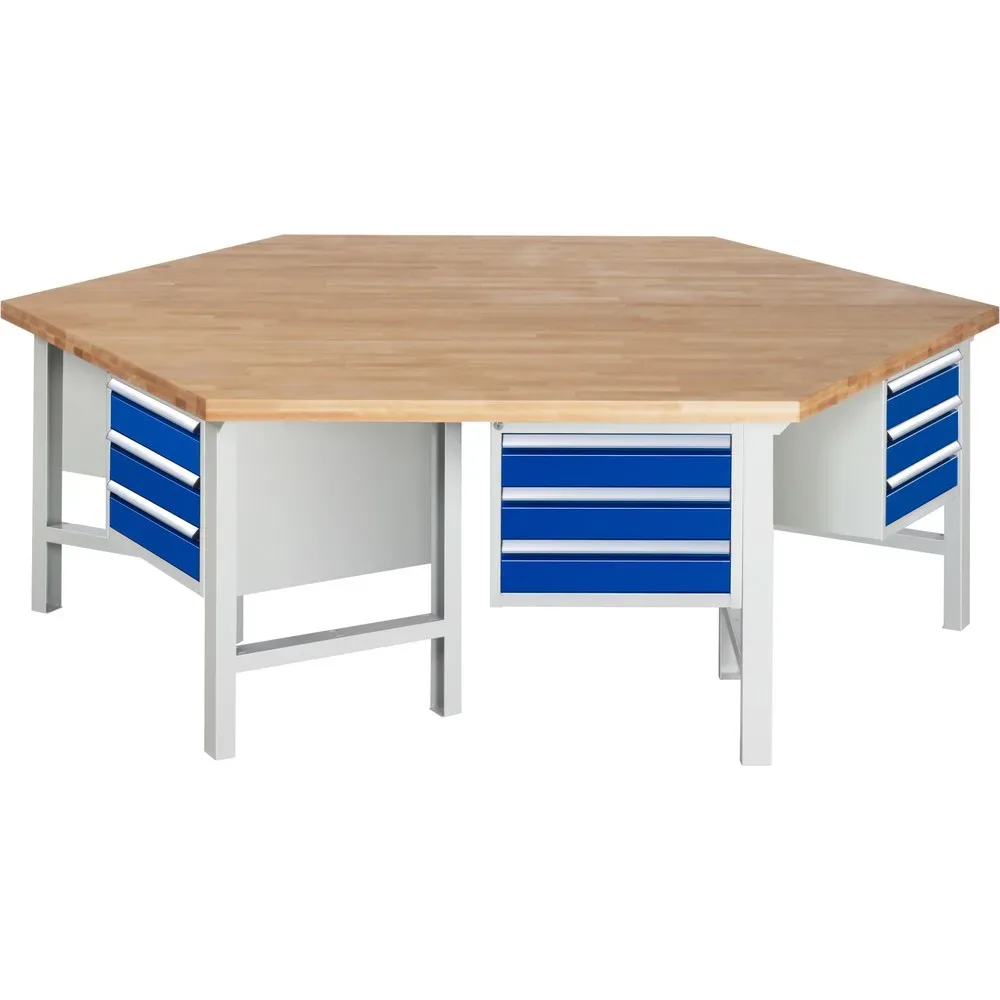 RAU Gruppenwerkbank Serie 4000, 6 Container, HxBxT 800-1.150 x 2.700 x 2.340 mm, 18 x 90%-Auszug-Schubladen