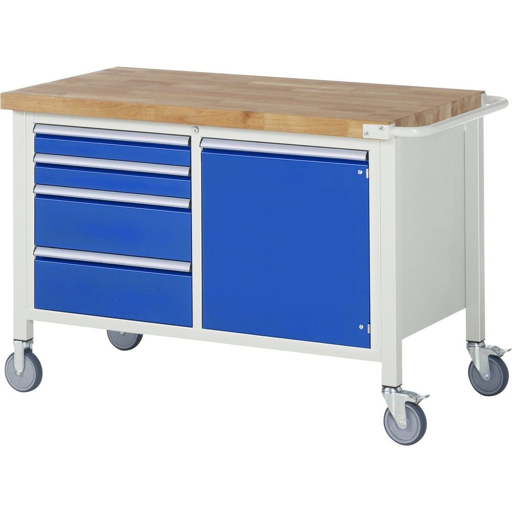 RAU mobile Werkbank Serie 8000, 1 Doppel-Container, 1 Flügeltür, HxBxT 880 x 1.250 x 700 mm, 4 x 100%-Auszug-Schubladen