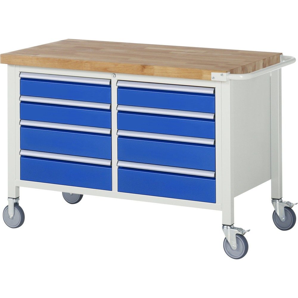 RAU mobile Werkbank Serie 8000, 1 Doppel-Container, HxBxT 880 x 1.250 x 700 mm, 8 x 100%-Auszug-Schubladen