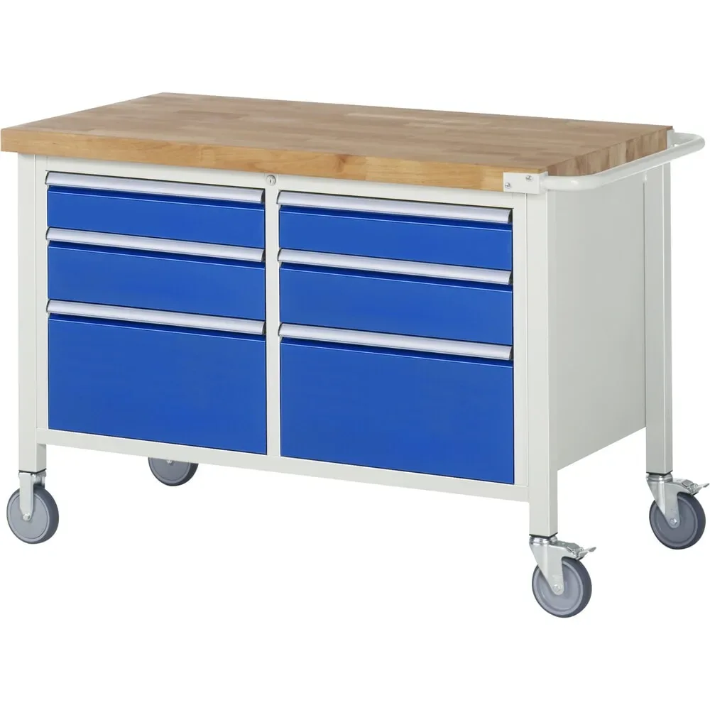 RAU mobile Werkbank Serie 8000, 1 Doppel-Container, HxBxT 880-1.080 x 1.250 x 700 mm, 6 x 90%-Auszug-Schubladen