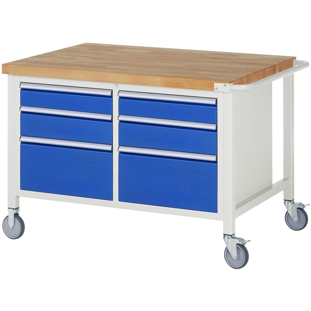 RAU mobile Werkbank Serie 8000, 1 Doppel-Container, HxBxT 880-1.080 x 1.250 x 900 mm, 6 x 90%-Auszug-Schubladen