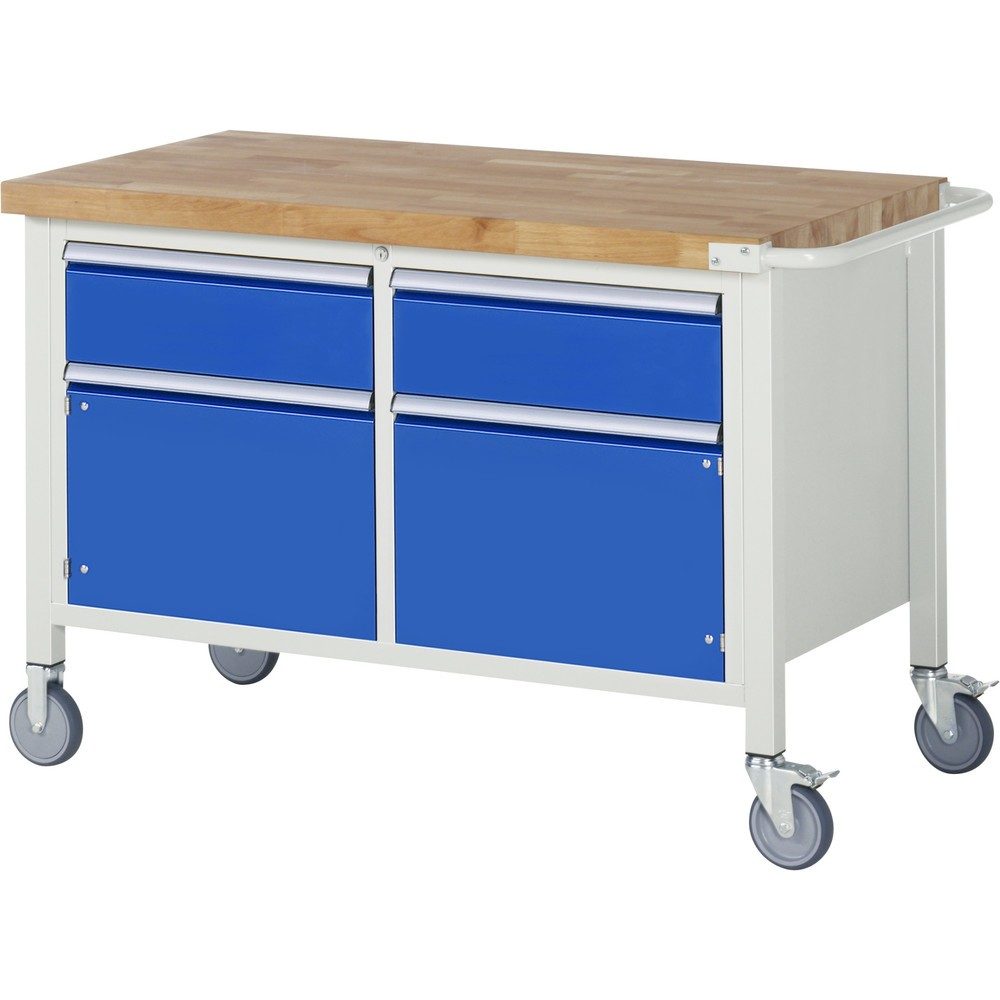 RAU mobile Werkbank Serie 8000, 1 Doppel-Container, 2 Flügeltüren, HxBxT 880 x 1.250 x 700 mm, 2 x 100%-Auszug-Schubladen