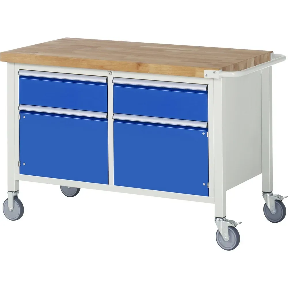 RAU mobile Werkbank Serie 8000, 1 Doppel-Container, 2 Flügeltüren, HxBxT 880 x 1.250 x 700 mm, 2 x 90%-Auszug-Schubladen, ErgoScript