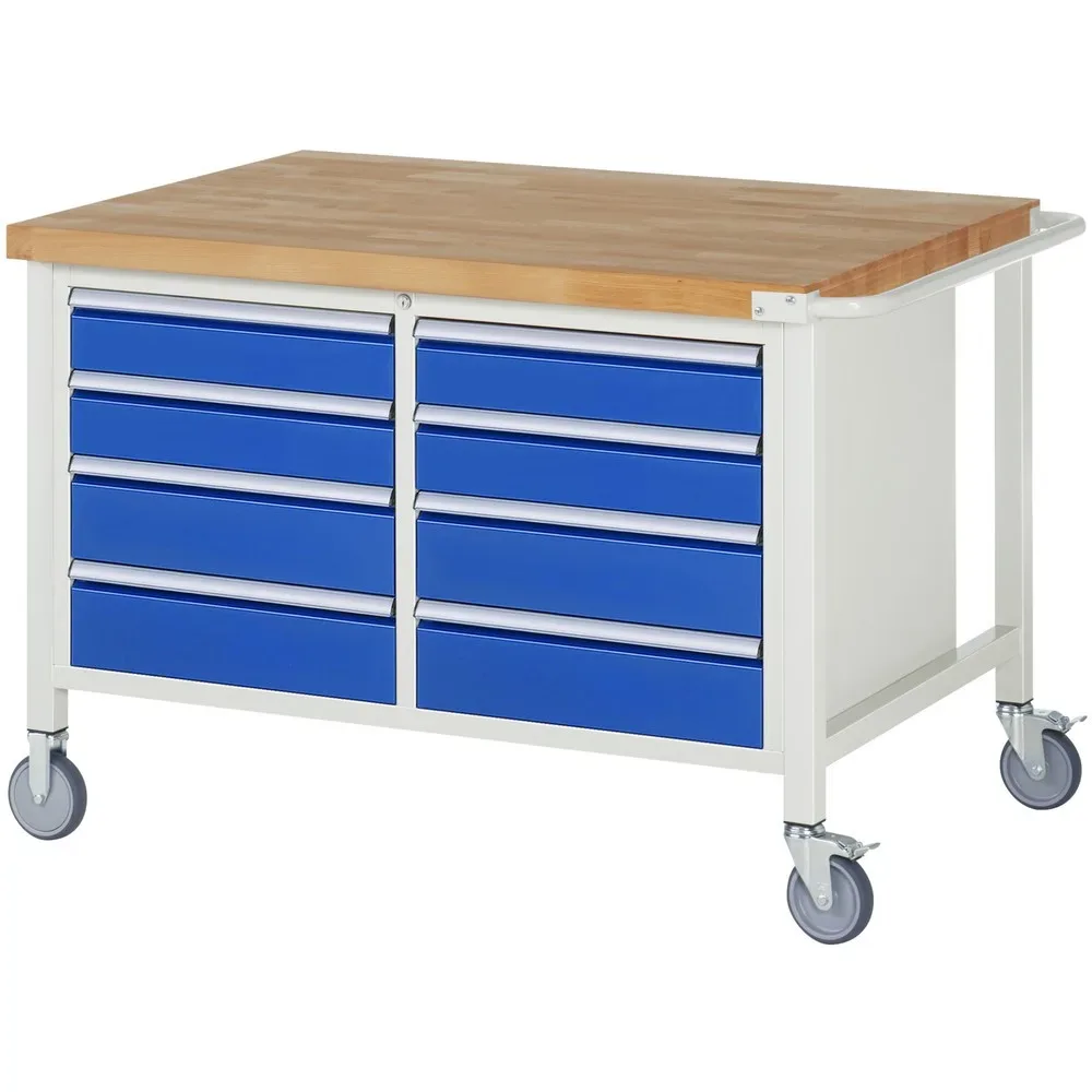 RAU mobile Werkbank Serie 8000, 1 Doppel-Container, HxBxT 880-1.080 x 1.250 x 900 mm, 8 x 100%-Auszug-Schubladen
