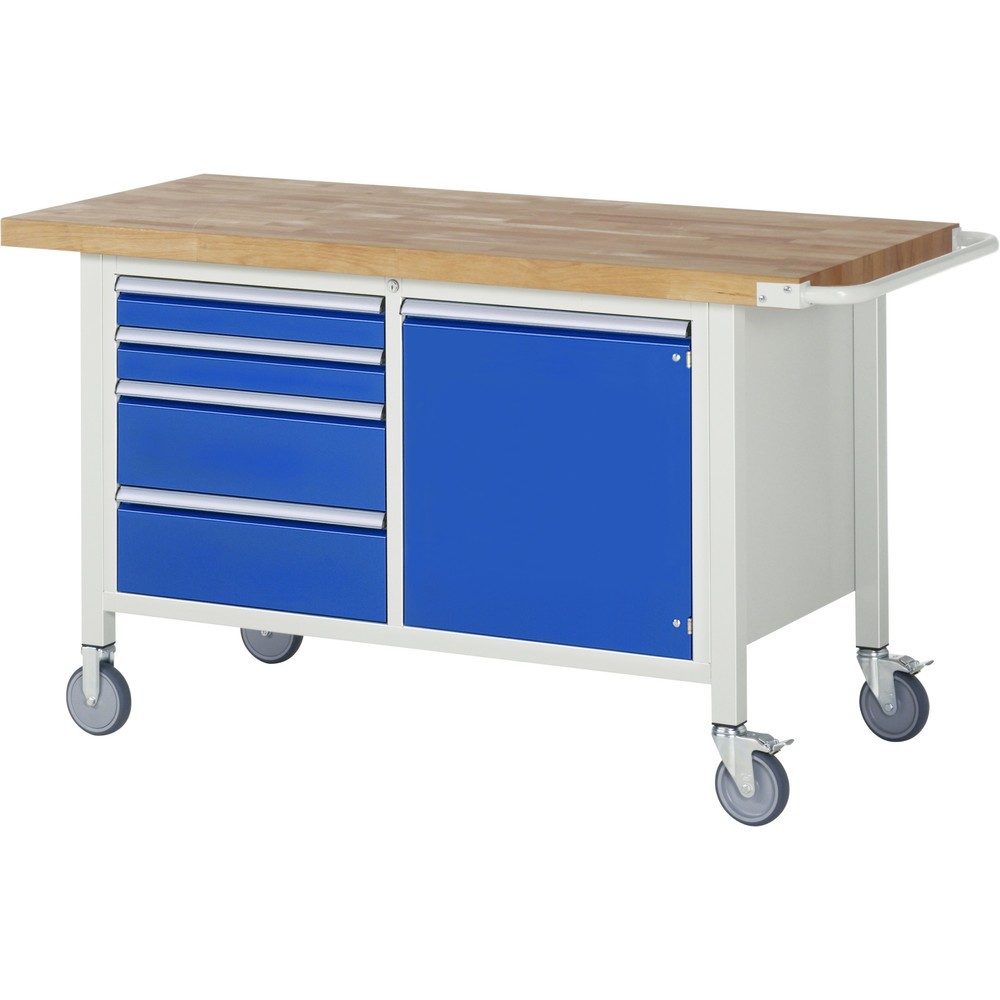 RAU mobile Werkbank Serie 8000, 1 Doppel-Container, 1 Flügeltür, HxBxT 880 x 1.500 x 700 mm, 4 x 100%-Auszug-Schubladen