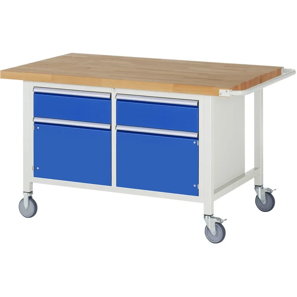 RAU mobile Werkbank Serie 8000, 1 Doppel-Container, 2 Flügeltüren, HxBxT 880-1.080 x 1.500 x 900 mm, 2 x 100%-Auszug-Schubladen