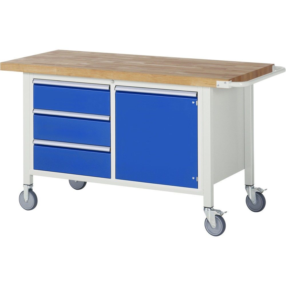RAU mobile Werkbank Serie 8000, 1 Doppel-Container, 1 Flügeltür, HxBxT 880 x 1.500 x 700 mm, 3 x 100%-Auszug-Schubladen
