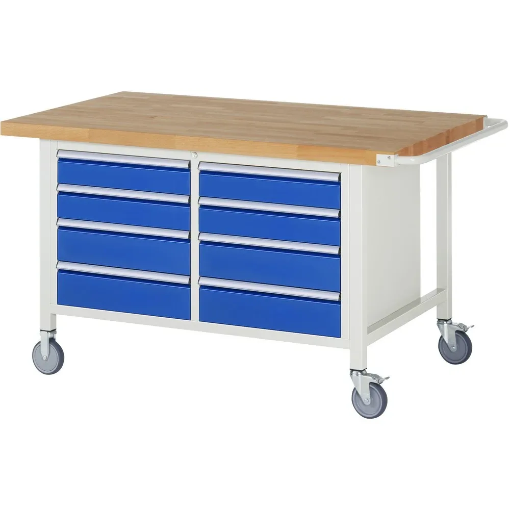 RAU mobile Werkbank Serie 8000, 1 Doppel-Container, HxBxT 880-1.080 x 1.500 x 900 mm, 8 x 100%-Auszug-Schubladen