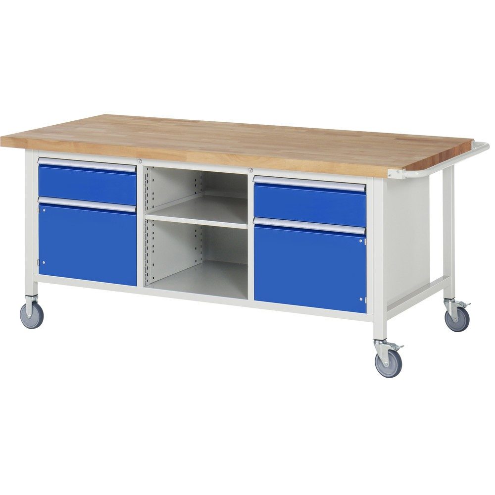 RAU mobile Werkbank Serie 8000, 1 Dreifach-Container, 1 Fachboden, 2 Flügeltüren, HxBxT 880-1.080 x 2.000 x 900 mm, 2 x 90%-Auszug-Schubladen